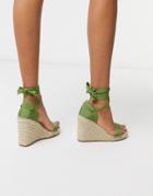 Asos Design Treat Tie Leg Espadrille Wedge Sandals In Khaki-green