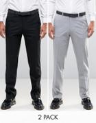 Asos 2 Pack Slim Smart Pants In Black And Mid Gray - Multi