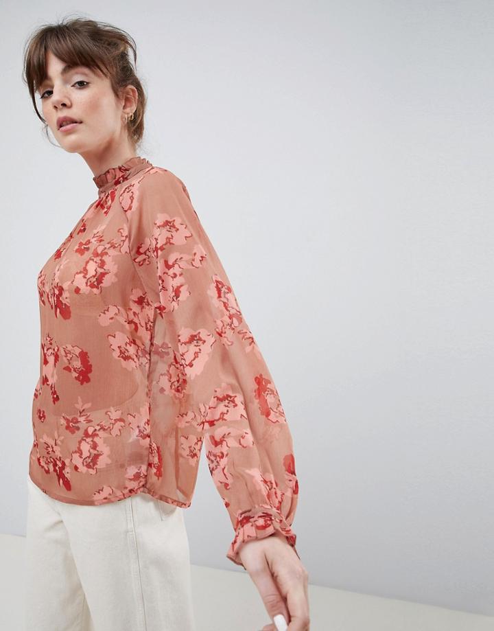 Ichi Floral High Neck Blouse - Pink