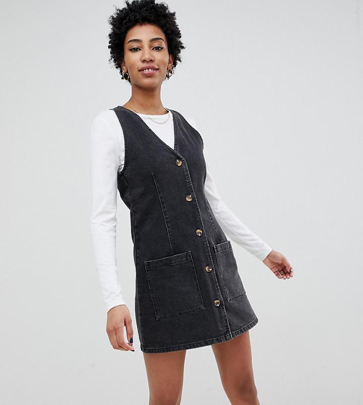 Asos Design Tall Denim Button Through V Neck Mini Pinifore Dress-black