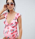 Asos Design Maternity Wrap Front Frill Detail Swimsuit In Rose Print - Multi