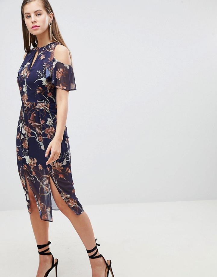 Hope & Ivy Cold Shoulder Pencil Dress With Keyhole - Navy