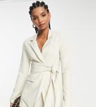 Asos Design Tall Jersey Suit Blazer With Obi Tie Waist In Ivory-neutral