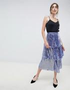 Asos Design Tiered Sequin Midi Skirt-blue