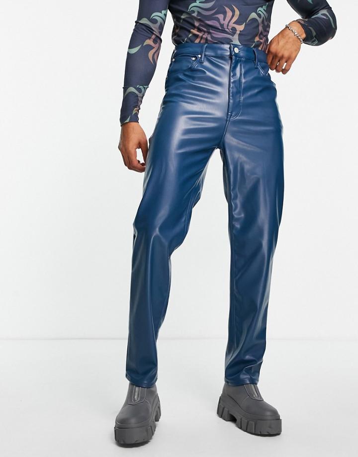 Asos Design Dad Jeans In Blue Leather Look-blues