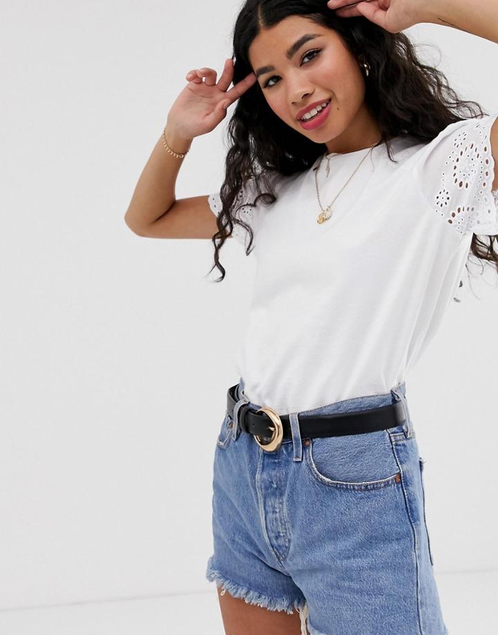 Asos Design Top With Broidery Sleeve - White