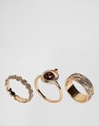 Asos Pack Of 3 Faux Smoked Topaz And Engraved Rings - Gold