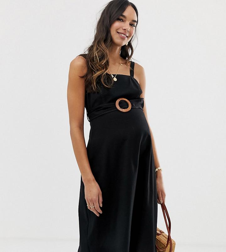 Asos Design Maternity Square Neck Linen Midi Sundress With Wooden Buckle & Contrast Stitch-black