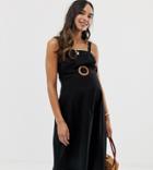 Asos Design Maternity Square Neck Linen Midi Sundress With Wooden Buckle & Contrast Stitch-black