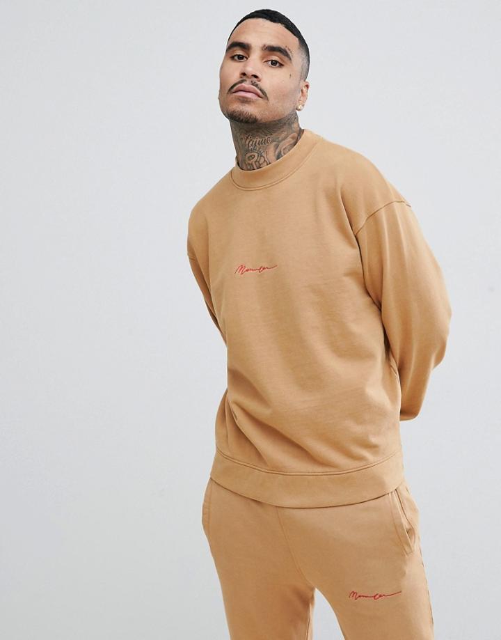 Mennace Oversized Sweatshirt In Stone With Script Logo - Stone