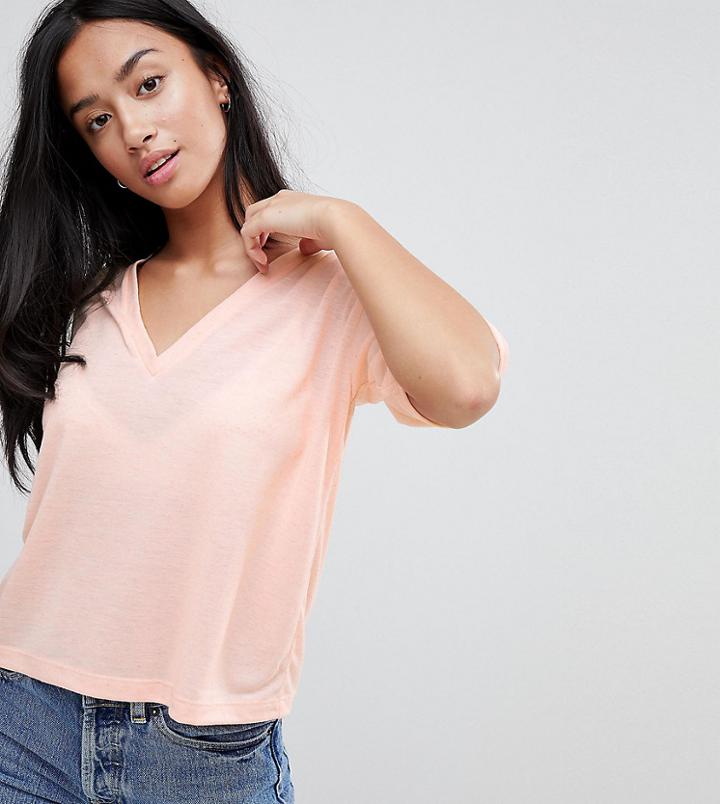 Asos Petite T-shirt With V-neck In Linen Mix - Orange