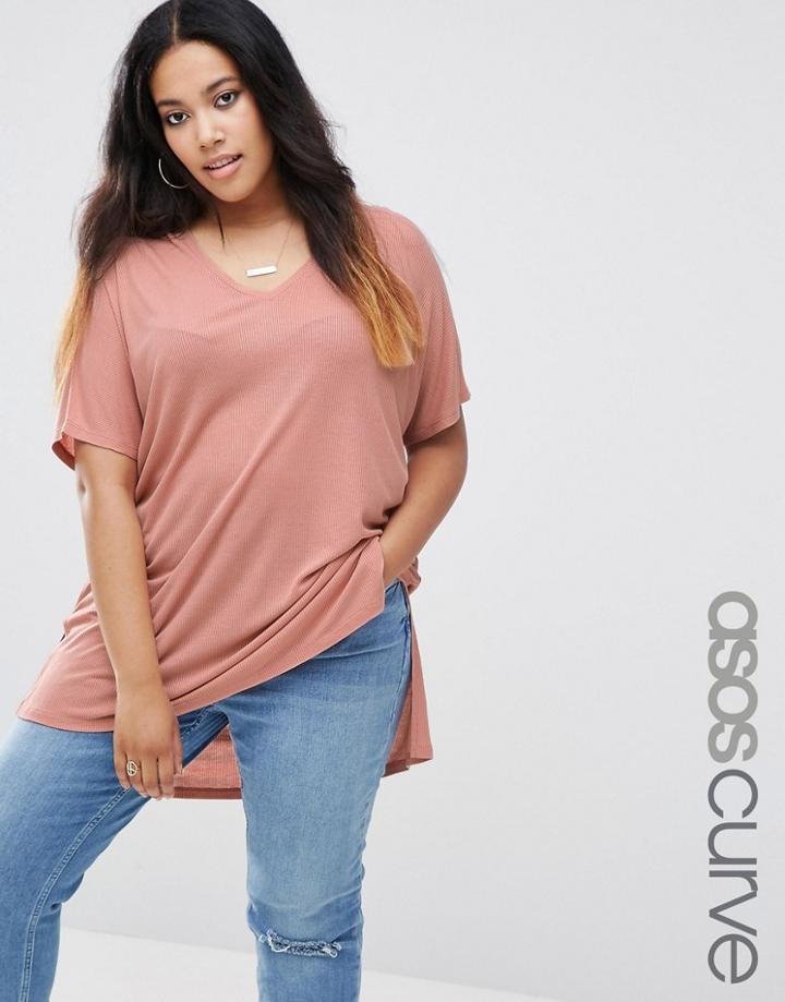Asos Curve V Neck Oversized Slouchy Rib Top - Beige