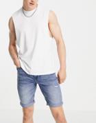 Only & Sons Distressed Denim Shorts In Mid Wash Blue-blues