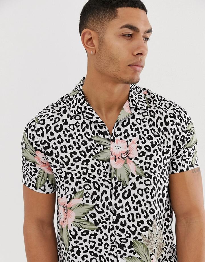 New Look Revere Collar Shirt In Floral Leopard Print - White