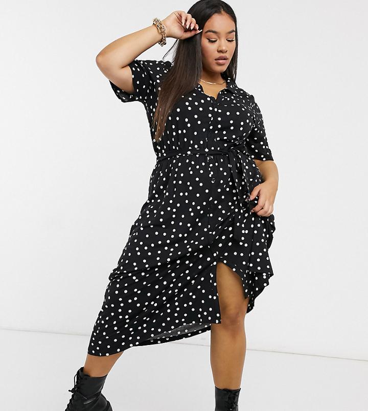 Asos Design Curve Midi Button Down Shirt Dress In Black Polka Dot