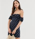 Asos Design Tall Off Shoulder Crinkle Sundress With Puff Sleeve In Polka Dot-multi