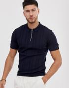 River Island Half Zip Knitted Polo In Navy