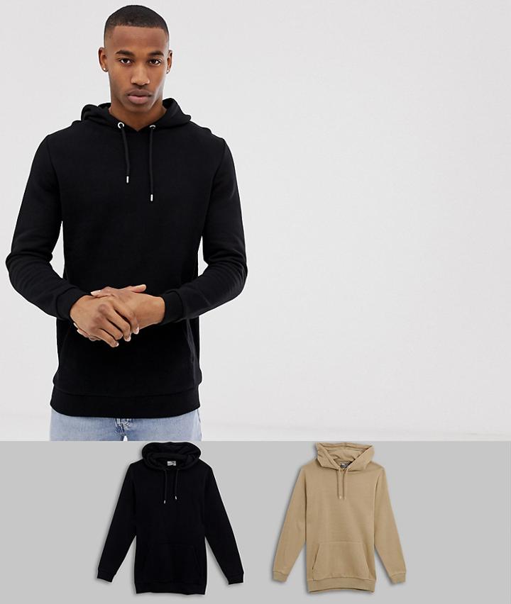 Asos Design Longline Hoodie 2 Pack Beige/ Black Save - Multi