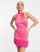 Asos Design Satin Halter Tie Mini Dress With Faux Feather Trim In Pink