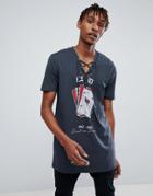 Asos Super Longline T-shirt With Lace Up Neck & Playing Cards Print - Gray