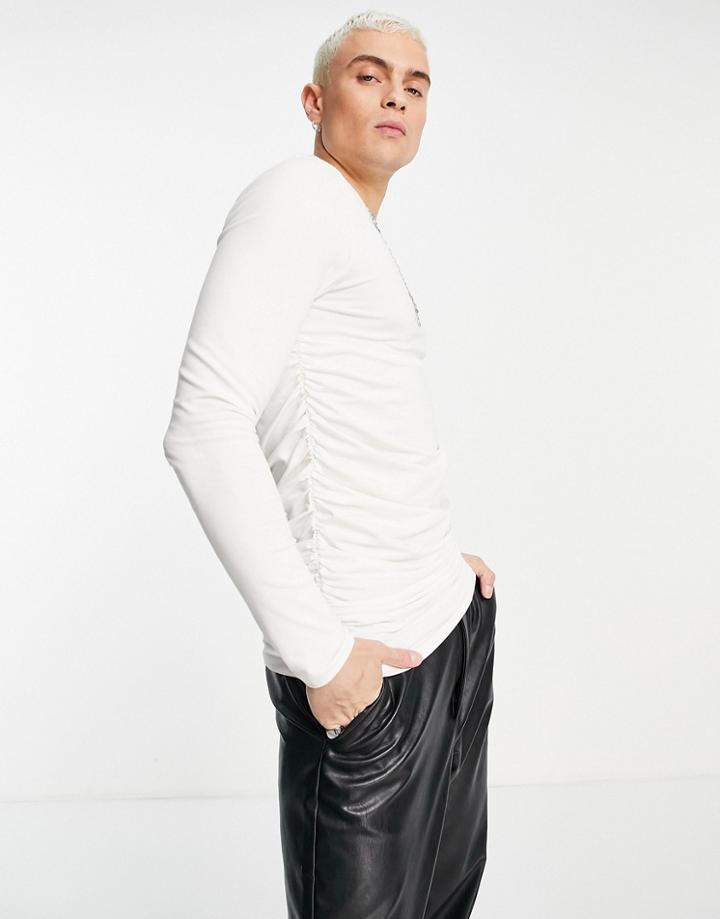 Asos Design Long Sleeve Muscle T-shirt With Side Ruching In Cream-white