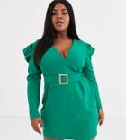 Vesper Curve Deep Plunge Midi Dress With Statement Shoulder In Emerald Green
