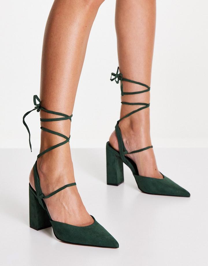 Asos Design Panda Tie Leg Block Heeled Shoes In Forest Green