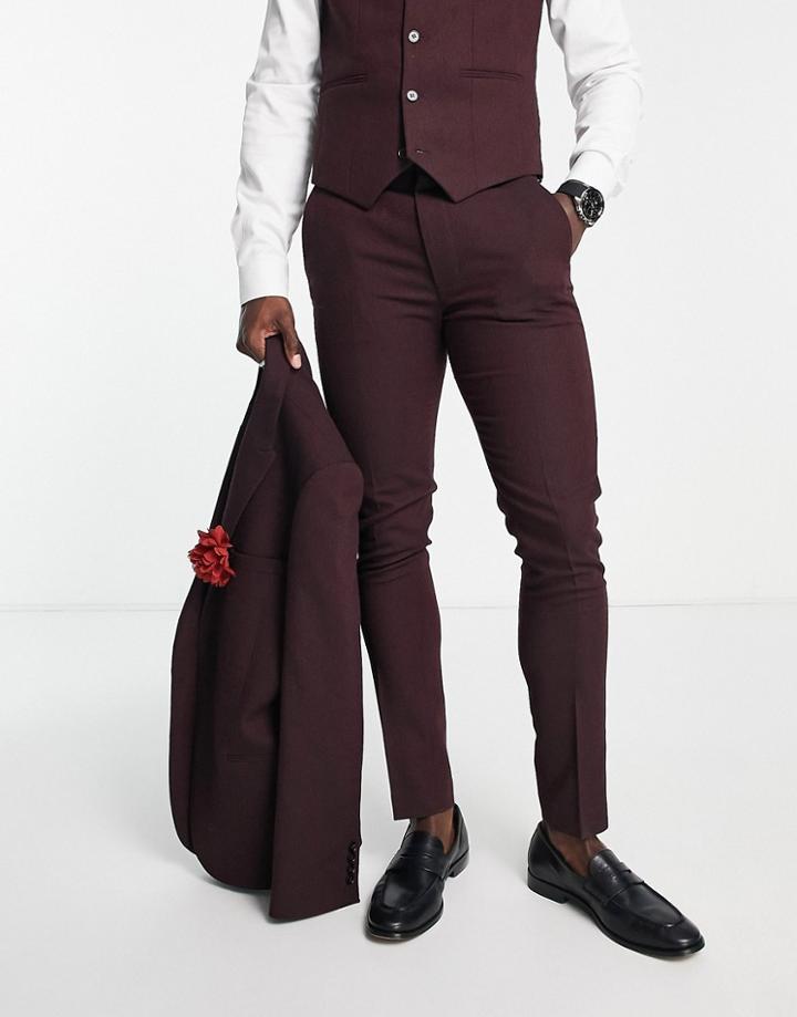 Asos Design Skinny Wool Mix Pants In Basketweave Texture In Burgundy-red