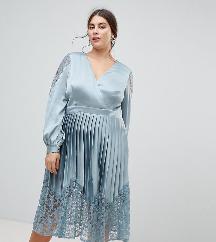 Little Mistress Plus Wrap Front Midi Dress With Lace Pleated Skirt - Blue