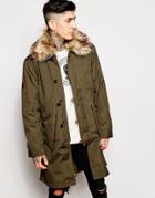 Pretty Green Parka With Faux Fur Trim - Moss