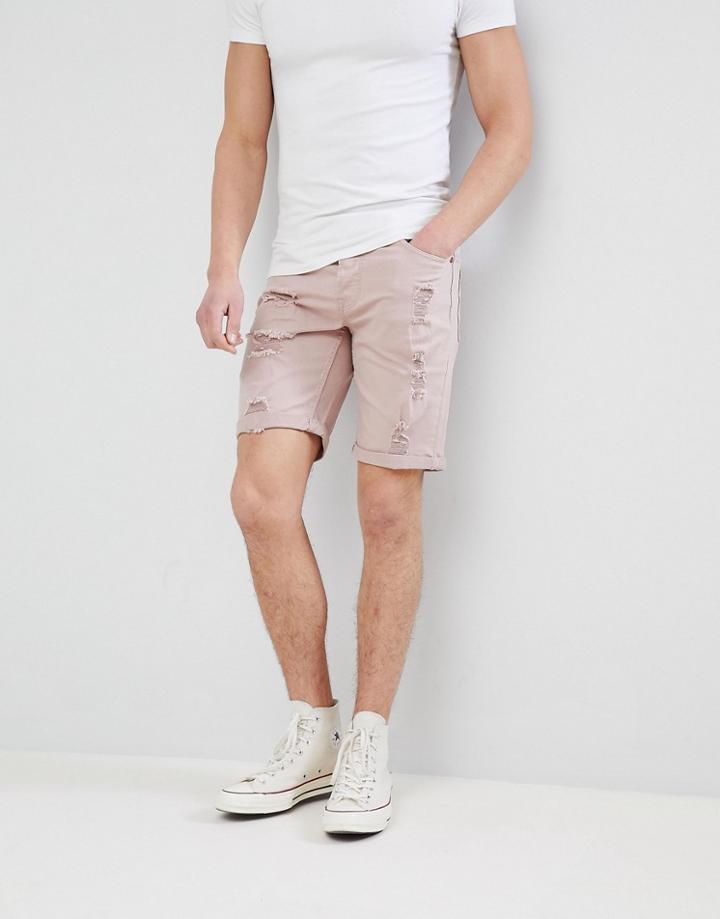 Only & Sons Colored Denim Shorts With Distressing - Pink