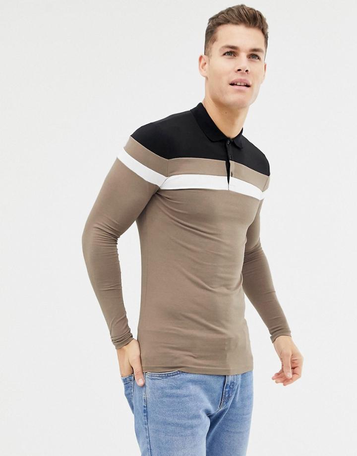 Asos Design Muscle Fit Long Sleeve Polo Shirt With Contrast Body And Sleeve Panels In Brown - Brown