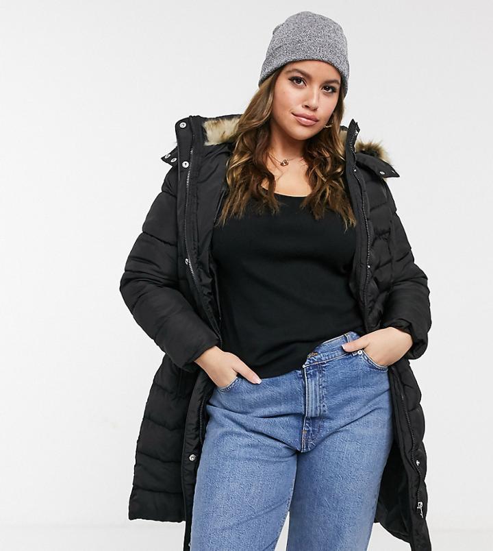 New Look Curve Longline Puffer Coat In Black