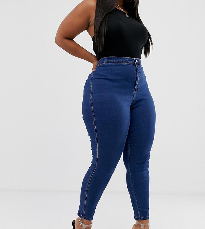 Asos Design Curve Rivington High Waisted Denim Jeggings In Flat Mid Wash Blue - Blue