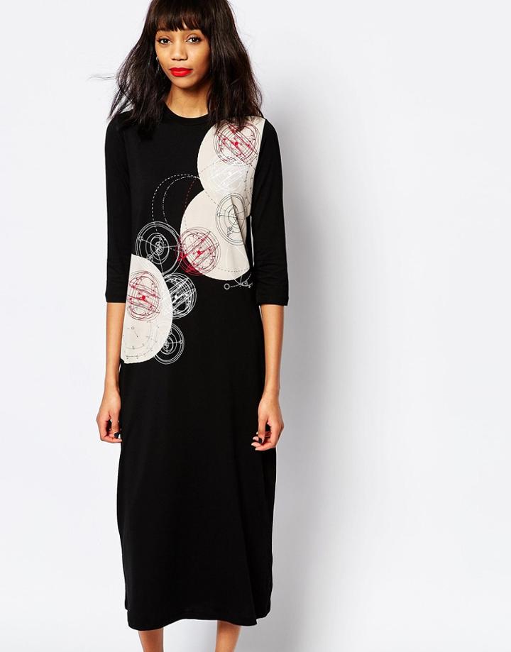 Monki Midi Graphic Print Dress - Black