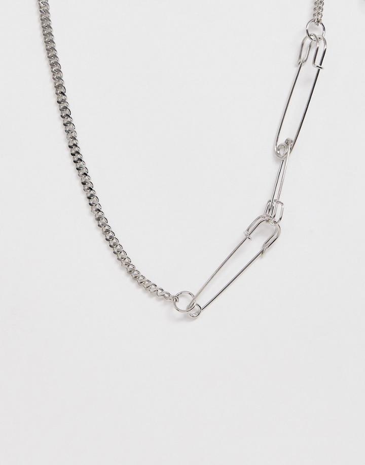 Asos Design Necklace With Safety Pins And Hardware Chain In Silver Tone - Silver
