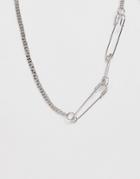 Asos Design Necklace With Safety Pins And Hardware Chain In Silver Tone - Silver