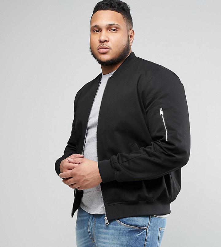 Asos Plus Cotton Bomber Jacket With Sleeve Zip In Black - Black