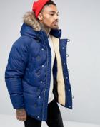 Pull & Bear Parka With Detachable Faux Fur Hood In Navy - Navy