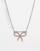 Asos Design Necklace With Pink Crystal Bow Pendant In Silver Tone