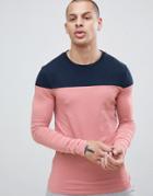 Asos Design Muscle Fit Long Sleeve T-shirt With Contrast Yoke In Pink - Pink