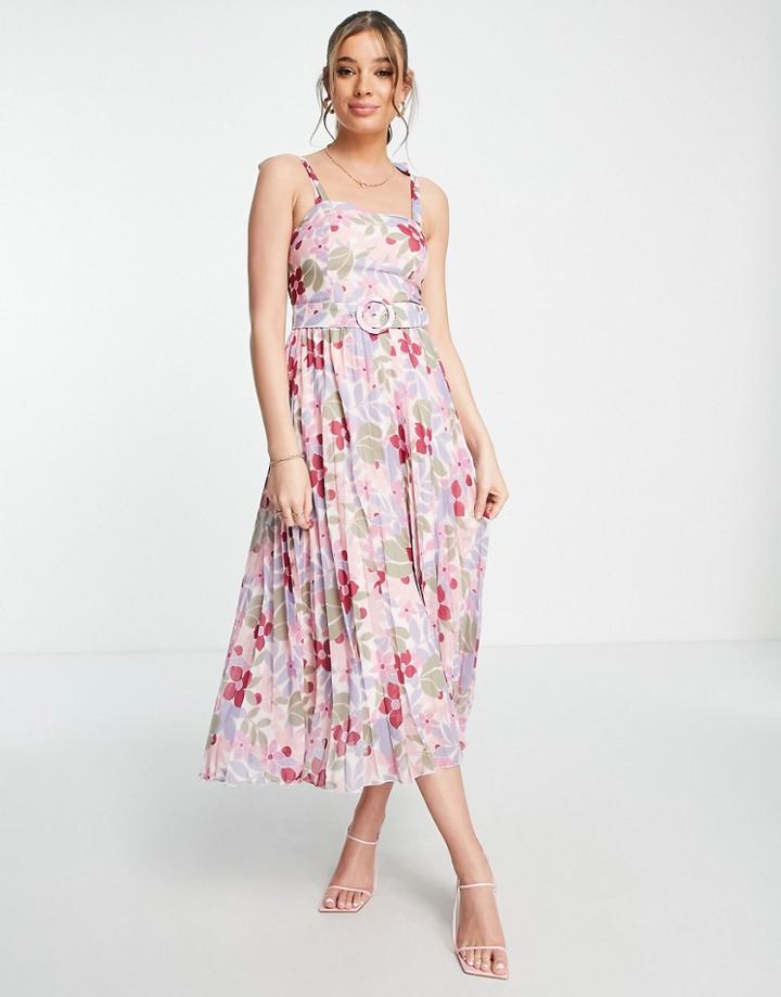 Style Cheat Tie Shoulder Belted Pleated Midi Dress In Floral-multi