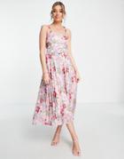 Style Cheat Tie Shoulder Belted Pleated Midi Dress In Floral-multi