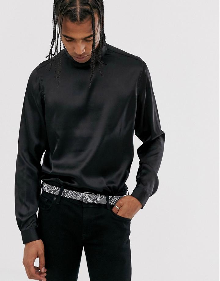 Asos Design Regular Fit Satin Overhead Satin Shirt With High Neck - Black