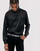 Asos Design Regular Fit Satin Overhead Satin Shirt With High Neck - Black