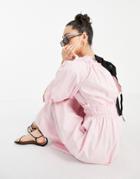 Vero Moda Organic Cotton Shirred Poplin Tie Back Midi Dress In Pink
