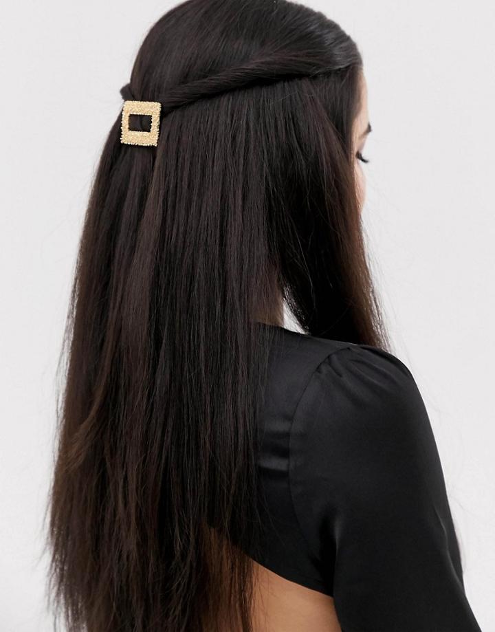 Asos Design Barrette Hair Clip In Rectangle Shape In Textured Metal In Gold Tone - Gold