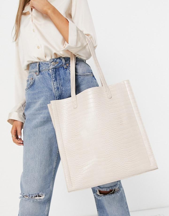 Asos Design Cream Croc Shopper With Laptop Compartment-white