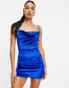 Parisian Velvet Cami Strap Mini Dress With Cowl Neck In Blue-blues