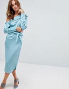Lavish Alice Satin Asymmetric Dress With Tie Belt - Blue